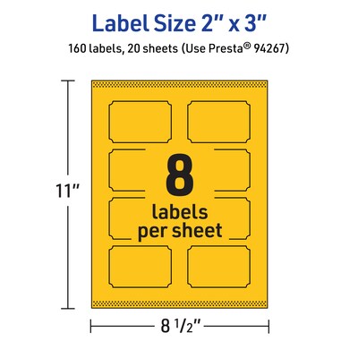 Avery Laser/Inkjet Rectangle Scalloped Multipurpose Labels, 2" x 3", Bright Yellow, 160/Pack (94267)