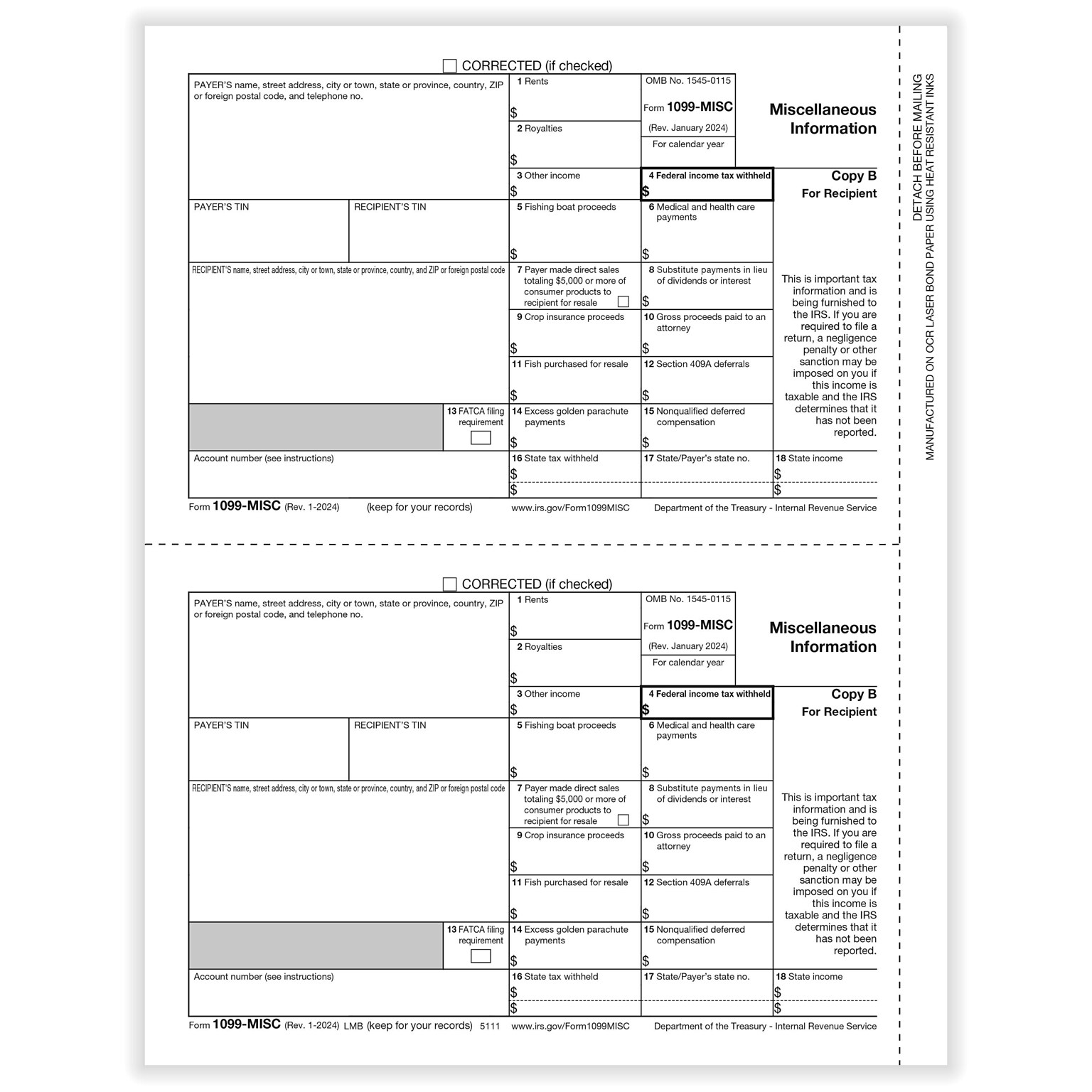 ComplyRight 2024 1099-MISC Tax Form, 1-Part, 2-Up, Recipient Copy B, 50/Pack (511150)