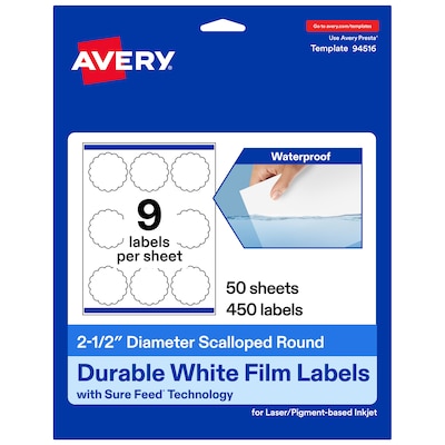 Avery Laser/Inkjet Decorative Edge Waterproof Multipurpose Labels, 2.5  x 2.5, White, 450/Box (94516)