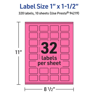 Avery Laser/Inkjet Rectangle Multipurpose Labels, 1" x 1.5", Bright Pink, 320/Pack (94219)
