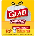 Glad Tall Kitchen Drawstring Trash Bags, 13 Gallon, White, Unscented, 100/Box (78374)