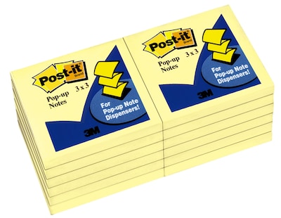 Post-it Pop Up Sticky Notes, 3 x 3 in., 12 Pads, 100 Sheets/Pad, Canary Yellow, The Original Post-it