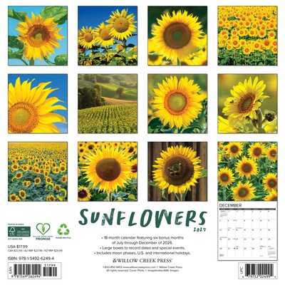 2027 Willow Creek Sunflowers 12 x 12 Monthly Wall Calendar, Assorted Colors (62494)
