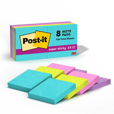 Post-it Super Sticky Notes, 1-7/8 x 1-7/8, Supernova Neons Collection, 90 Sheets/Pad, 8 Pads/Pack