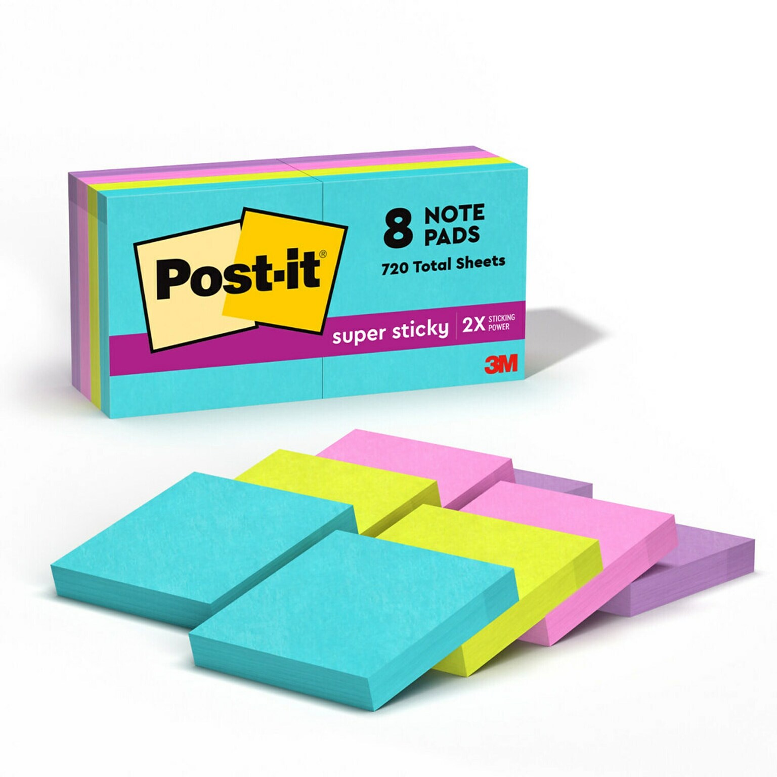 Post-it Super Sticky Notes, 1-7/8 x 1-7/8, Supernova Neons Collection, 90 Sheets/Pad, 8 Pads/Pack (622-8SSMIA)