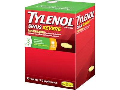 Tylenol Sinus Severe 325mg Acetaminophen Daytime Pain Reliever Caplet, 2/Pouch, 30 Pouches/Box (6457