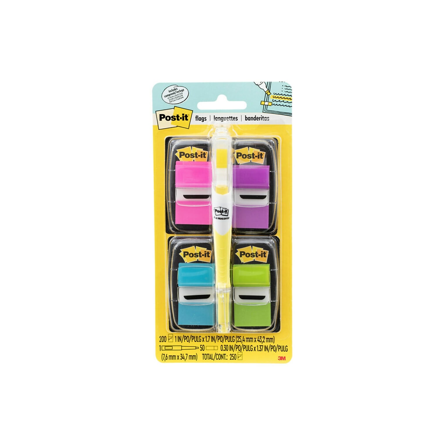 Post-it Flags Value Pack with Flag+Highlighter, 1 Wide, Assorted Colors, 200 Flags/Pack (680-PPBGVA)