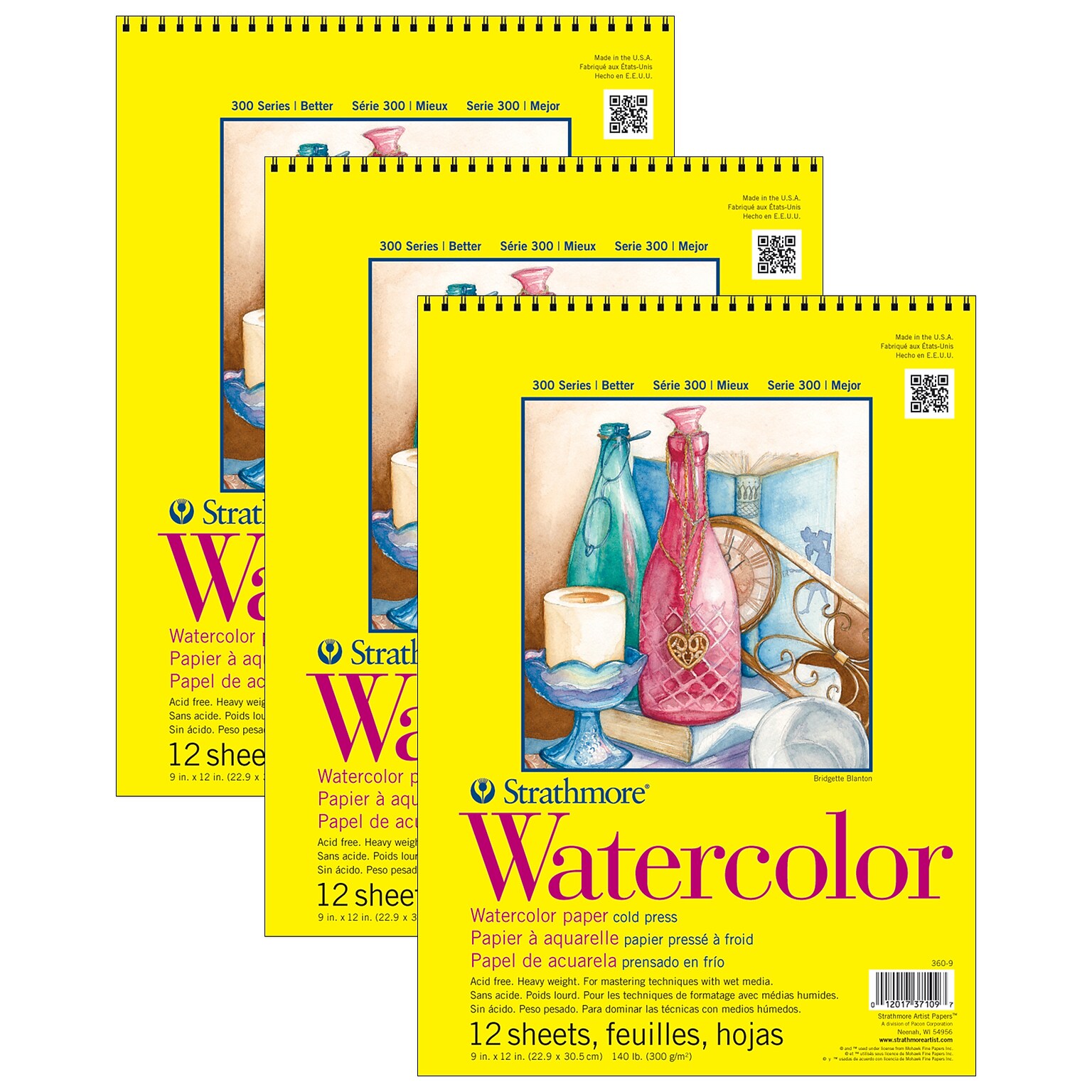Strathmore 300 Series 9 x 12 Wire Bound Watercolor Sketch Pad, 12 Sheets/Pad, 3/Bundle (STTP36091-3)