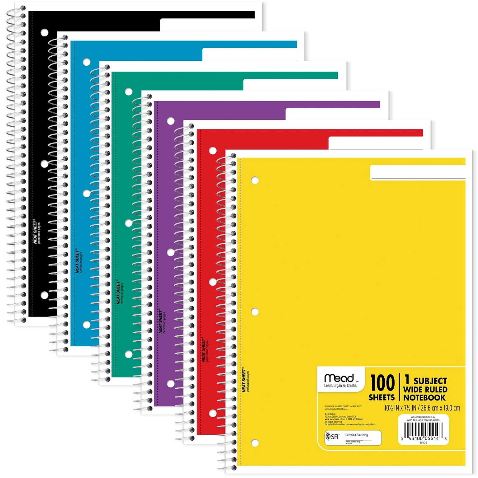 Mead Spiral 1-Subject Notebook, 8 x 10.5, Wide Ruled, 100 Sheets, Assorted Colors (MEA05514)