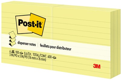 Post-it Pop Up Sticky Notes, 3 x 3 in., 6 Pads, 100 Sheets/Pad, Lined, The Original Post-it Note, Canary Yellow