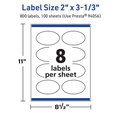 Avery TrueBlock Laser/Inkjet Oval Multipurpose Labels, 2" x 3-1/3", White, 800/Box (94056)