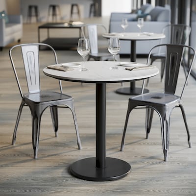 Flash Furniture Acadia 31.25" Round Wooden Dining Table with Round Base, White Faux Marble/Black Base (STRD31WMATR18)