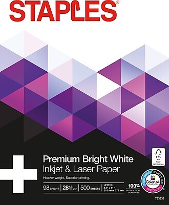 Staples Laser Paper 8.5 x 11 Inch 28 lb 98 Bright High-Quality Prints, 500 Sheets
