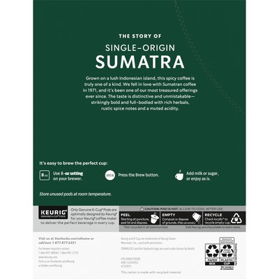 Starbucks Sumatra Coffee Keurig® K-Cup® Pods, Dark Roast, 24/Box (SBK22964)