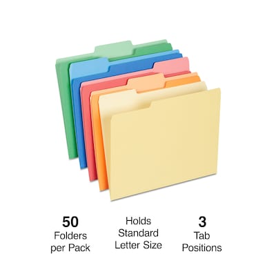 Staples Heavyweight File Folders, 1/3-Cut Tab, Letter Size, Assorted Colors, 50/Box (ST18363-CC)