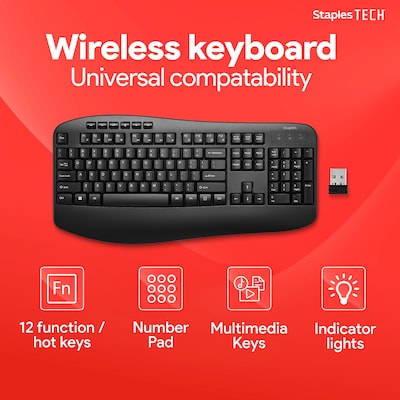 Staples TECH Wireless Comfort Keyboard, Quiet Typing, USB Receiver for PC and Laptop, Black