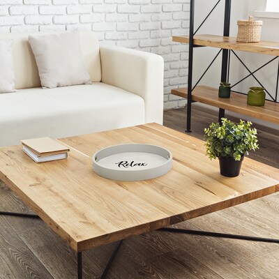 Elegant Designs "Relax" Decorative 13.75" Round Wood Serving Tray w/ Handles, Gray Wash (HG2013-GYX)
