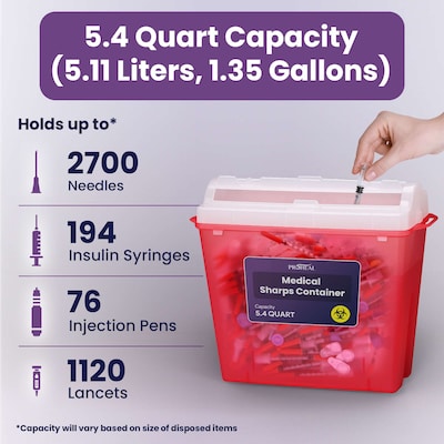 ProHeal Large Sharps Containers for Home Use, 5.4 Quart Needle Disposal for Biohazard Medical Waste, 3/Pack (PH-16386H)