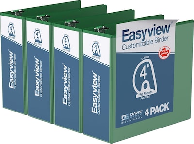 Davis Group Easyview Premium 4 Angle D Ring, Customizable, View Binder, Green, 4/Pack (8406-04)