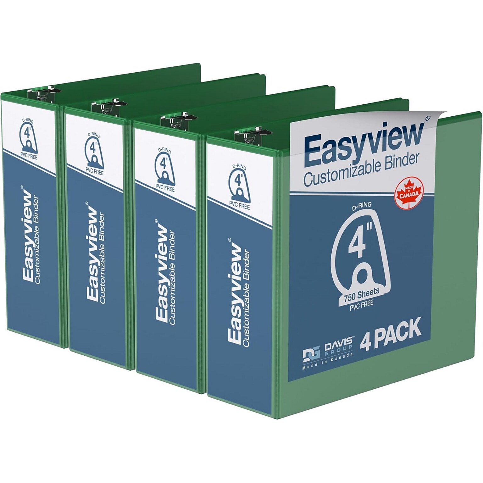 Davis Group Easyview Premium 4 Angle D Ring, Customizable, View Binder, Green, 4/Pack (8406-04)
