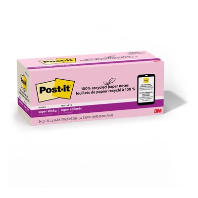 Post-it Recycled Super Sticky Notes, 3 x 3, Wanderlust Pastels Collection, 70 Sheets/Pad, 24 Pads/