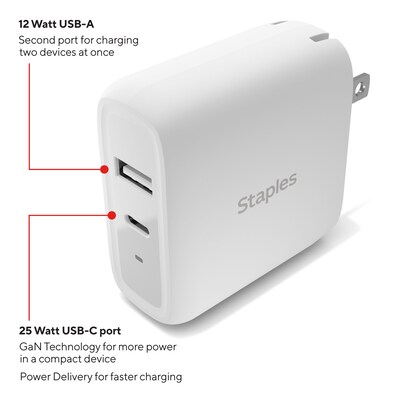 Staples TECH GaN USB-A/USB-C Wall Charger, White (ST62324-CC)