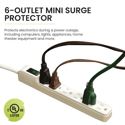 Power by GoGreen 6 Outlet Mini Surge Protector, 2' Cord, White (GG-16103MIN)