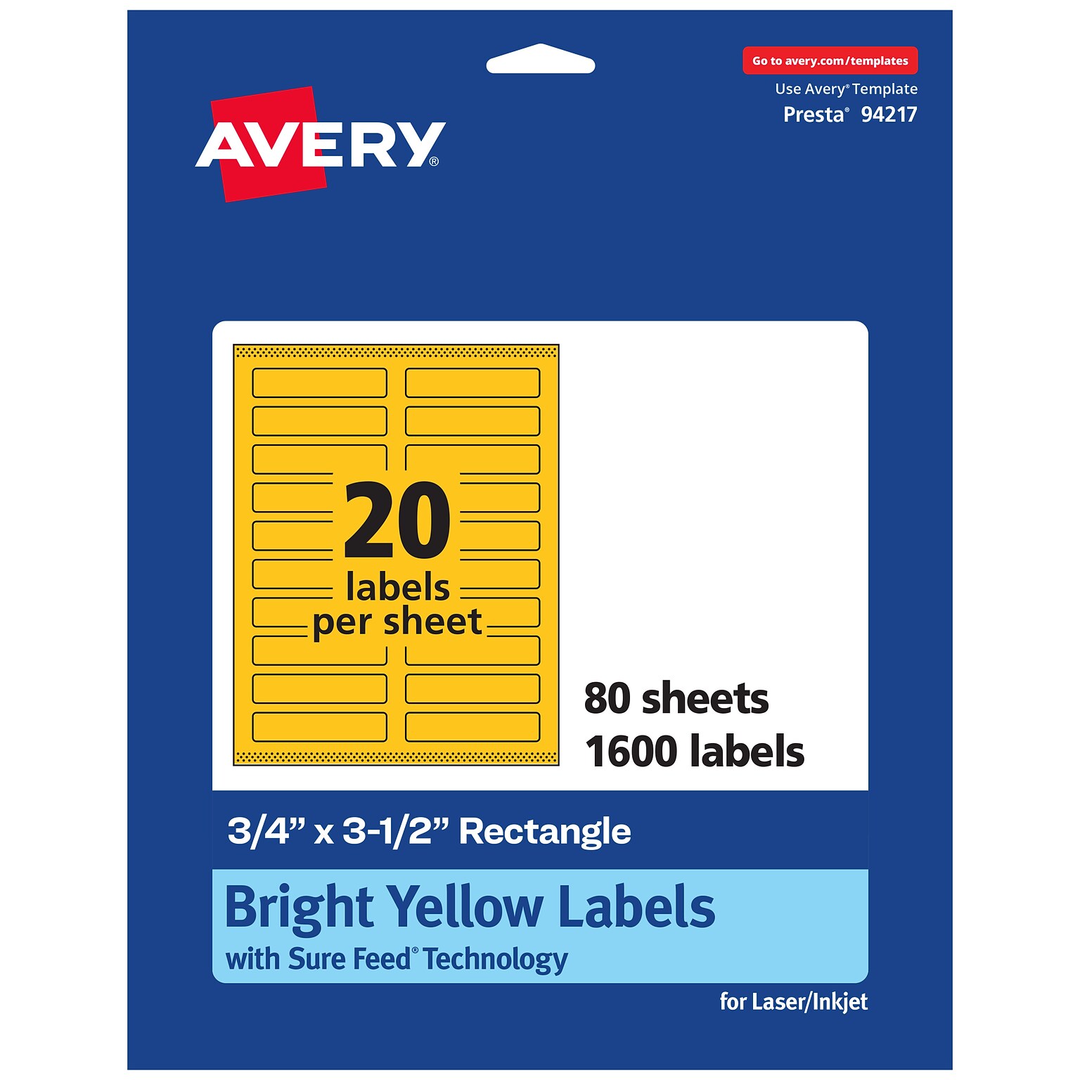 Avery Laser/Inkjet Rectangle Multipurpose Labels, 0.75 x 3.5, Bright Yellow, 1600/Box (94217)