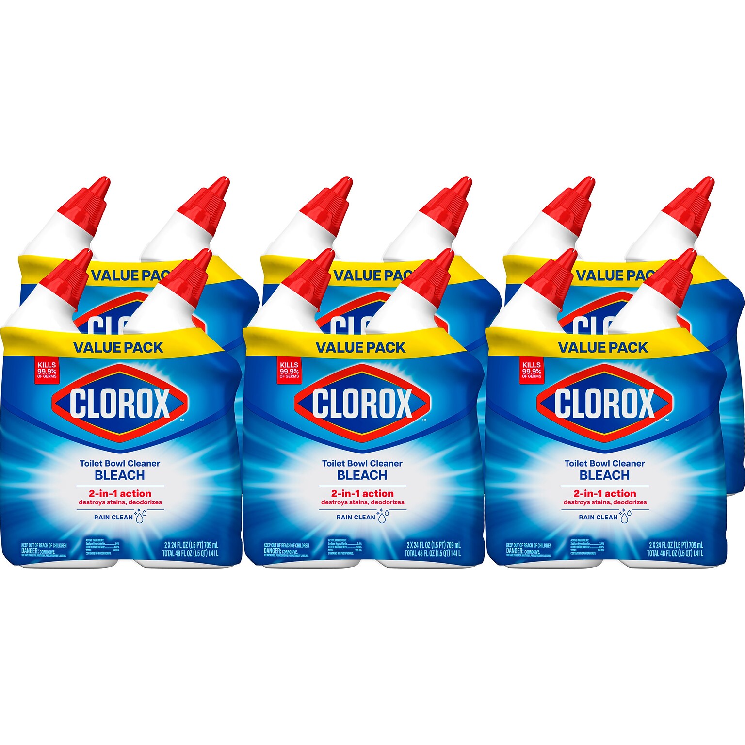 Clorox Disinfecting Toilet Bowl Cleaner with Bleach, Rain Clean Scent, 24 Oz., 2/Pack, 6 Packs/Carton (30924)