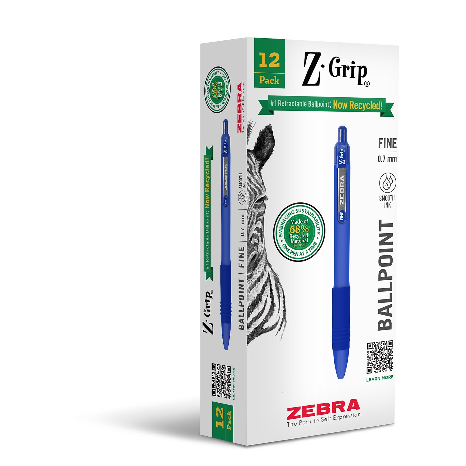 Zebra Z-Grip Retractable Ballpoint Pens, Fine Point, 0.7mm, Blue Ink, 12/Pack (20720)