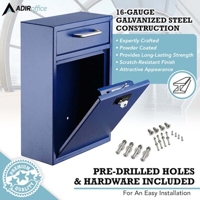 AdirOffice Steel Locking Wall Mounted Drop Box Interoffice Mailbox with Key and Combination Lock , Blue (631-04-BLU-KC-PKG)