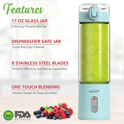 Brentwood 17-Oz. Portable Battery-Operated USB-Chargeable Glass Blender, Blue (RJB-100BL)