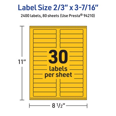Avery Rectangle Laser/Inkjet Multipurpose Labels, 2/3" x 3-7/16", Bright Yellow (2400/Box)
