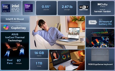 ASUS Vivobook S 14 OLED 14 Laptop, Copilot+ PC, Intel Core Ultra 7 258V, 16GB RAM, 1TB SSD, 17 Hour
