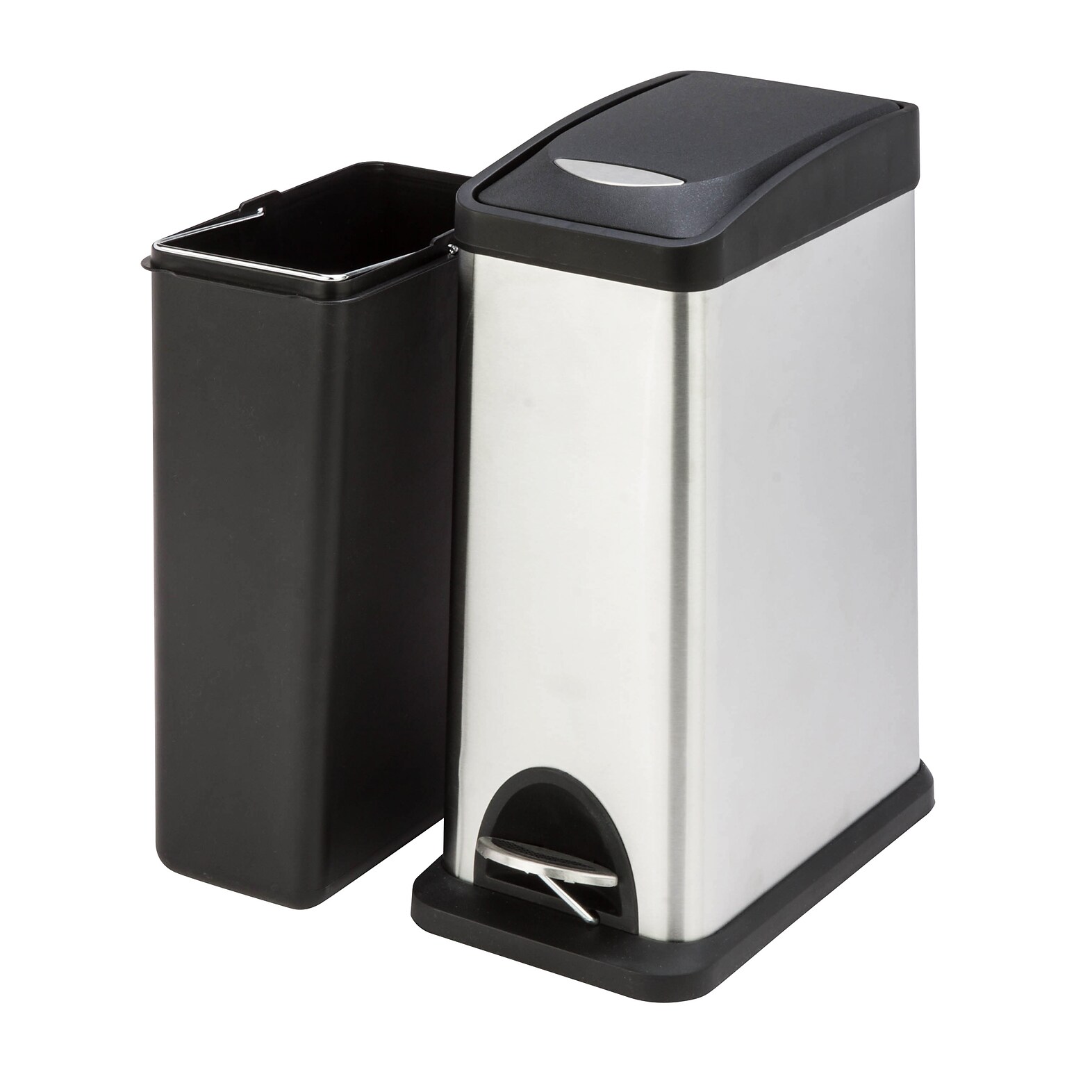 Honey-Can-Do Stainless Steel Rectangular Step Trash Cans with Lid, Silver/Black, 2.11 Gallon (TRS-06309)