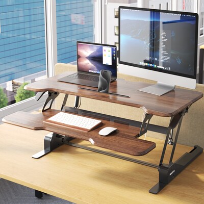 Mount-It! 38"W Rectangular Adjustable Mixed Materials Standing Desk Converter, Dark Walnut Woodgrain (MI-15006)
