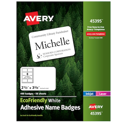 Avery EcoFriendly Laser/Inkjet Adhesive Name Badge Labels, 2 1/3 x 3 3/8, White, 400 Labels Per Bo