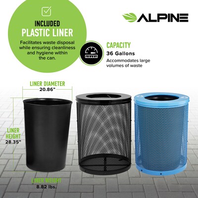 Alpine Industries 4460 Steel Mesh Trash & Recycling Bin Combo with Flat Lid and Liner, 36 Gallon, Black/Blue (ALP4460-01-E)