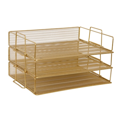 Martha Stewart Ryder 3-Tier Desk Letter Tray Organizer, Stackable Steel Mesh Inbox Tray, Gold (HHOHD