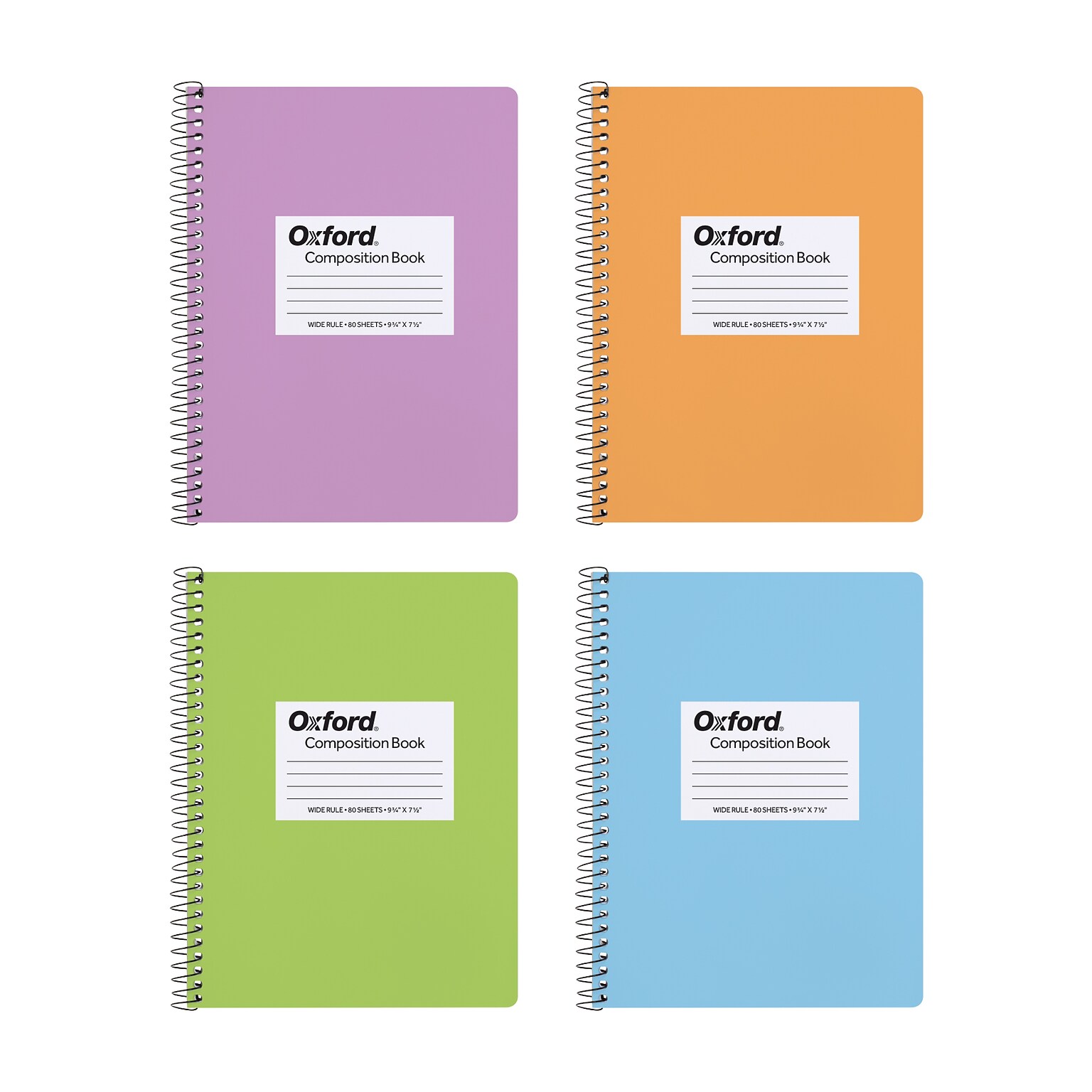 Oxford Composition Notebooks, 7.5 x 9.75, Wide Ruled, 80 Sheets, Assorted Colors, 4/Pack (64946)