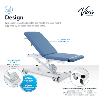Viva Comfort XRO 2-Section Electric Height and Back Adjustable Exam Table, 600 lbs Capacity, Blue (ADI903-20-BLU-MK)