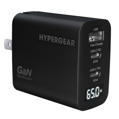 HyperGear SpeedBoost 65W 3-Port-USB GaN Charger, Black (16299)