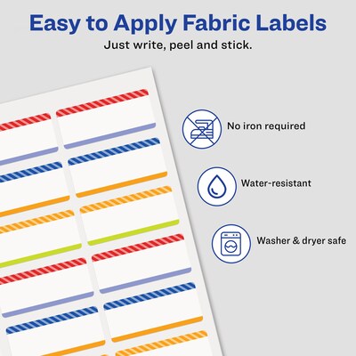 Avery No-Iron Waterproof Fabric Name Labels, .75" x 1.75", Multicolored, 24 Labels/Pack (40774)