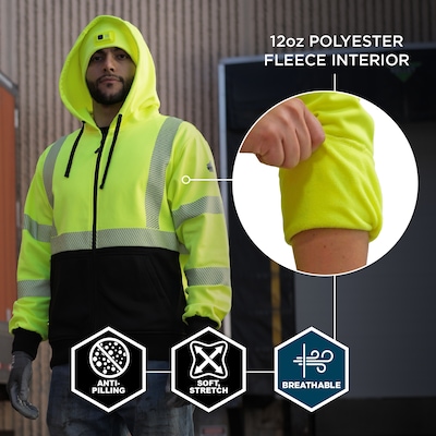 GloWear 8318BK High Visibility Long Sleeve Black Bottom Hooded Zip-Up Sweatshirt, ANSI Type R Class 3, Lime, 4XL (23068)