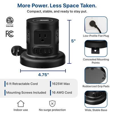Uncaged Ergonomics USB-C Wireless 6 ft. Retractable Power Strip with 15W Wireless Charger, 4-Outlet, Black (WRPS-2-Black)