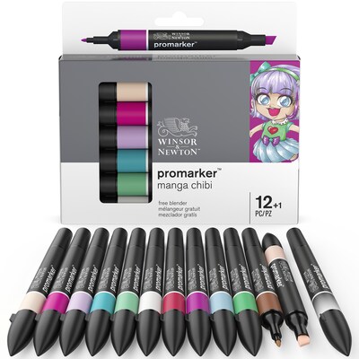 Winsor & Newton Promarker Dual-Tip Alcohol Based Marker, Manga Chibi Colors, 12/Pack (WNX0290141)