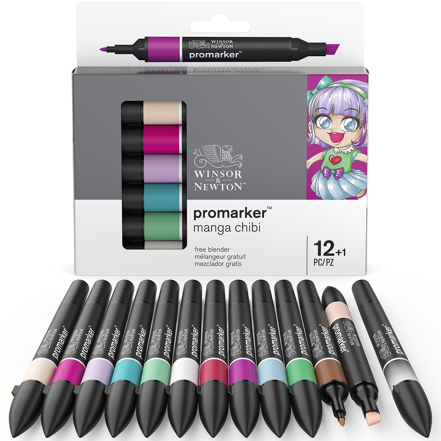 Winsor & Newton Promarker Dual-Tip Alcohol Based Marker, Manga Chibi Colors, 12/Pack (WNX0290141)