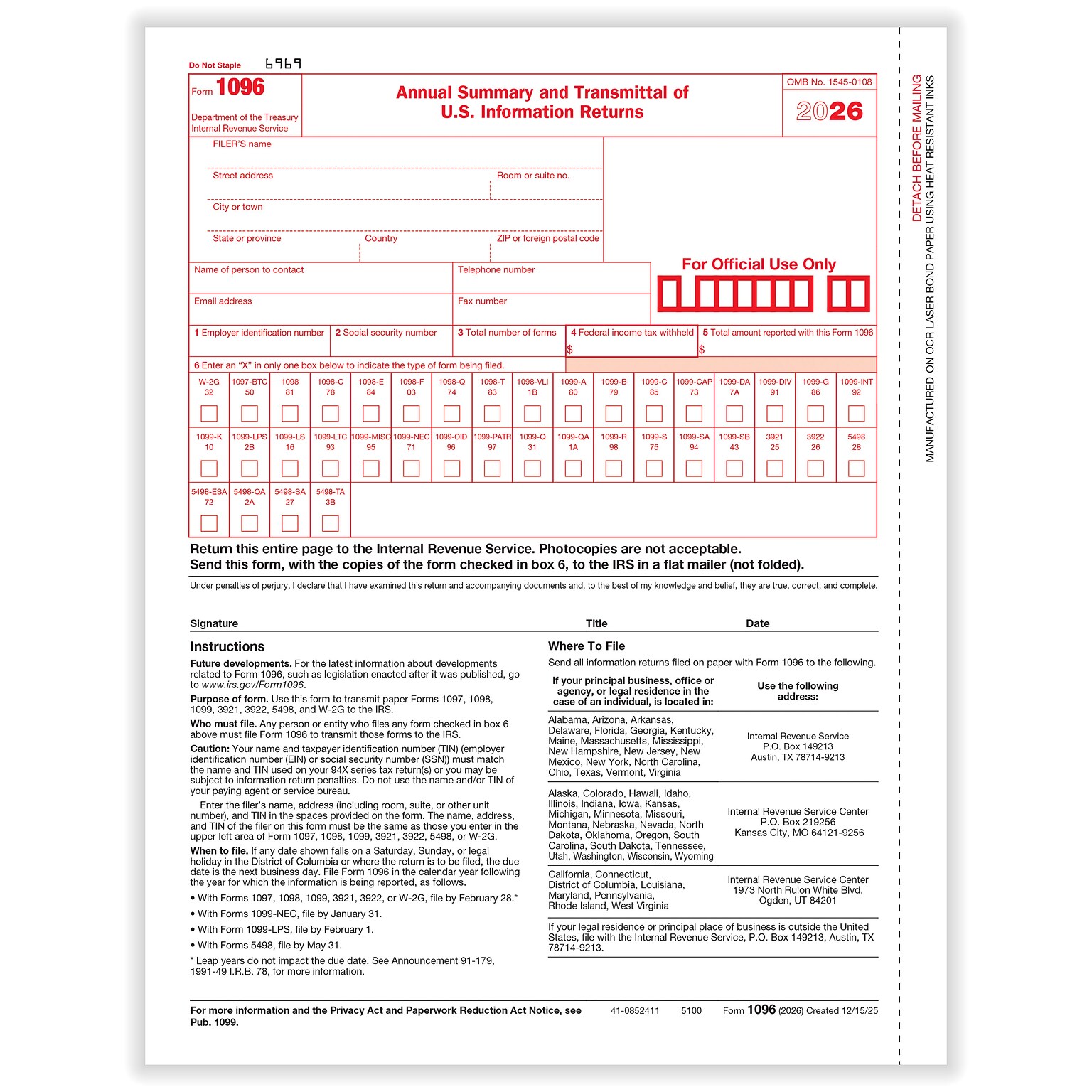 ComplyRight 2026 1096 Tax Form, 1-Part, Transmittal, 10/Pack (510010)