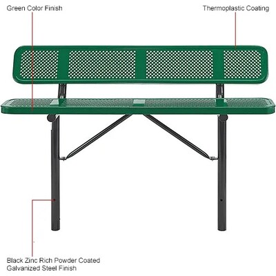Global Industrial 6' Outdoor Steel Bench w/ Backrest, Perforated Metal, In Ground Mount, Green (694557IGN)