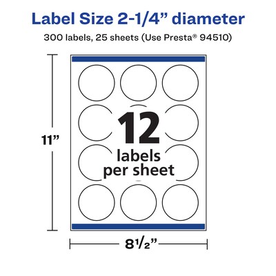 Avery Laser/Inkjet Round Multipurpose Labels, 2.25" Dia., White, 300 Labels/Pack (94510)